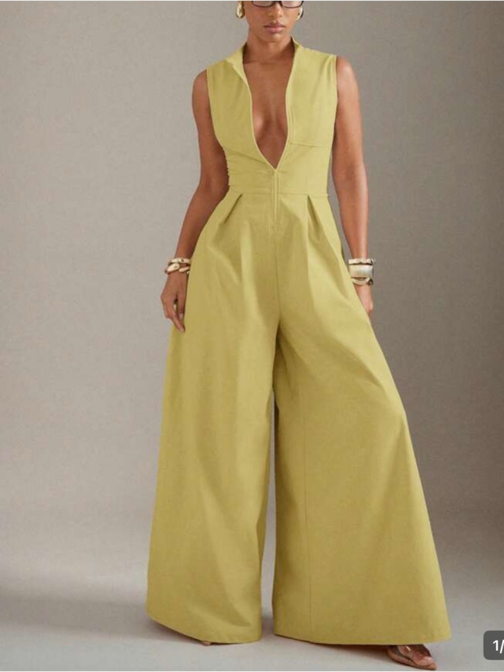 Sleeveless Deep V Wide-Leg Jumpsuit in Olive-Green